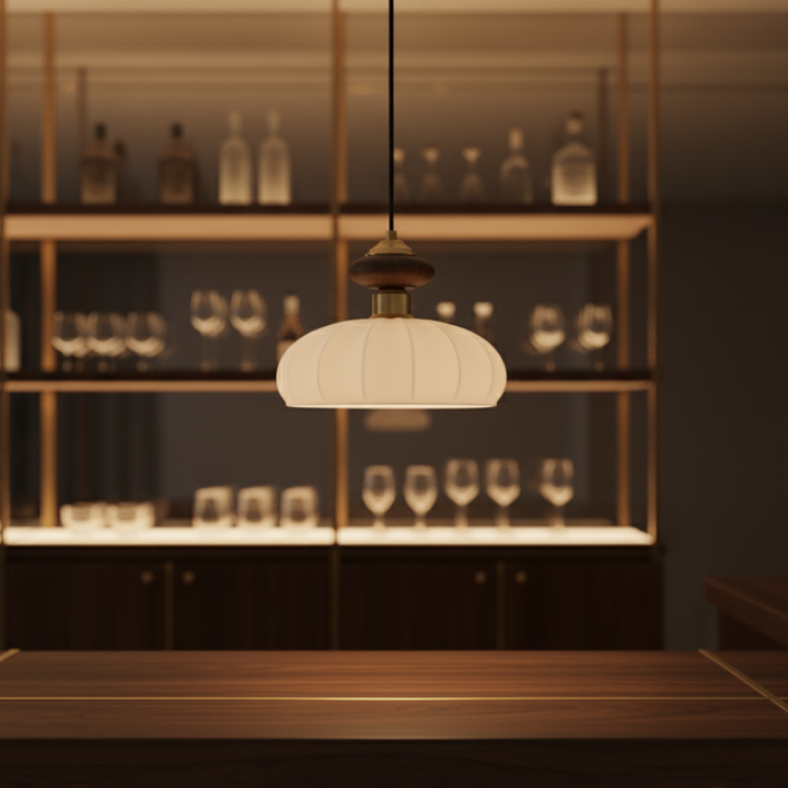 Diseño orgánico Wabi Sabi: Lámpara colgante Ceres de vidrio acanalado y madera. Iluminación de ambiente.