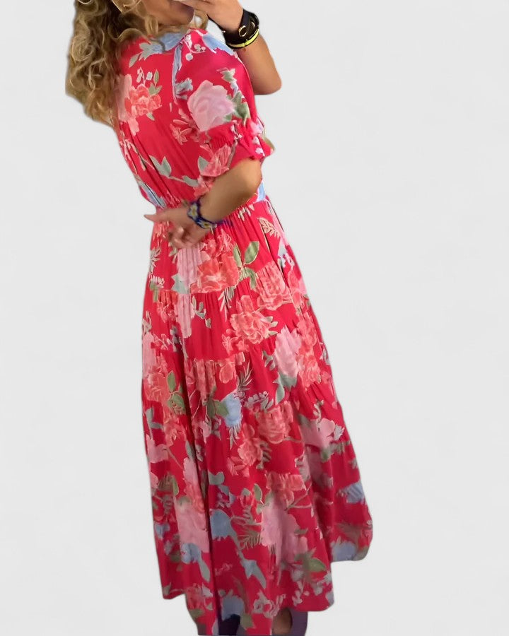 Elegante vestido floral para mujer, cuello V. Diseño fluido y ligero, perfecto para verano y ocasiones casuales.