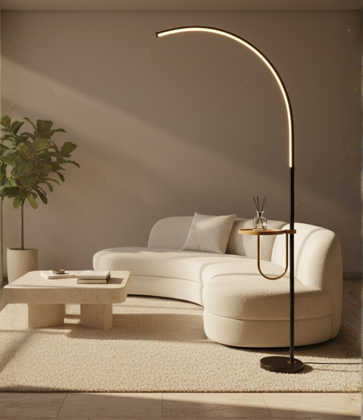 Lámpara de pie LED con arco Valeris, luz ajustable, iluminación moderna y funcional.