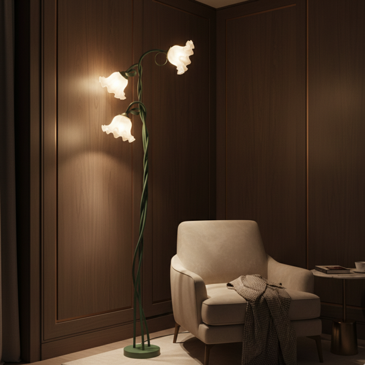 Lámpara de pie LED verde mate para sala de estar. Diseño sofisticado que crea un ambiente acogedor.