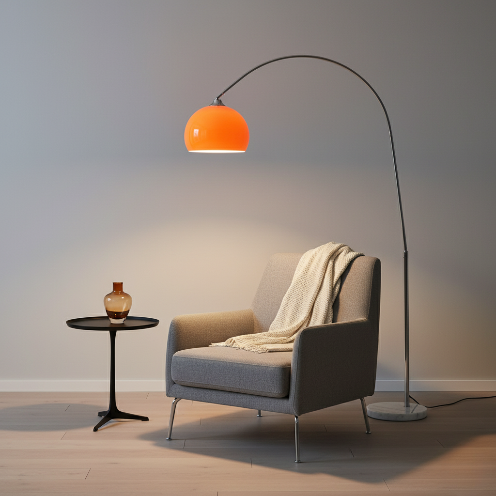 Lámpara de pie arco naranja, proporciona iluminación cálida y ambiente acogedor en cualquier estancia.