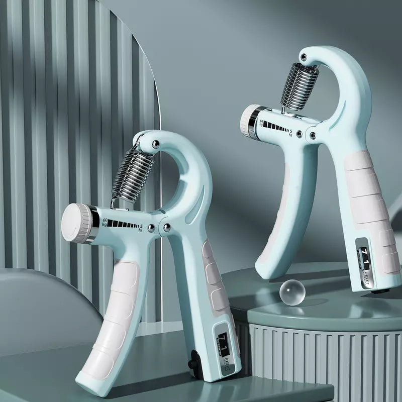 Entrenador de manos ergonómico con contador, ideal para ejercicios de agarre.
