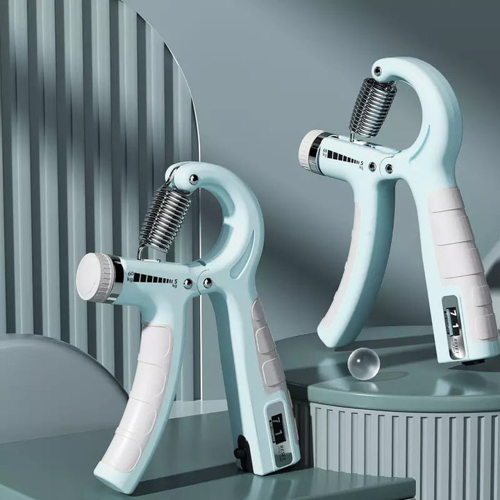 Entrenador de manos ergonómico con contador, ideal para ejercicios de agarre.