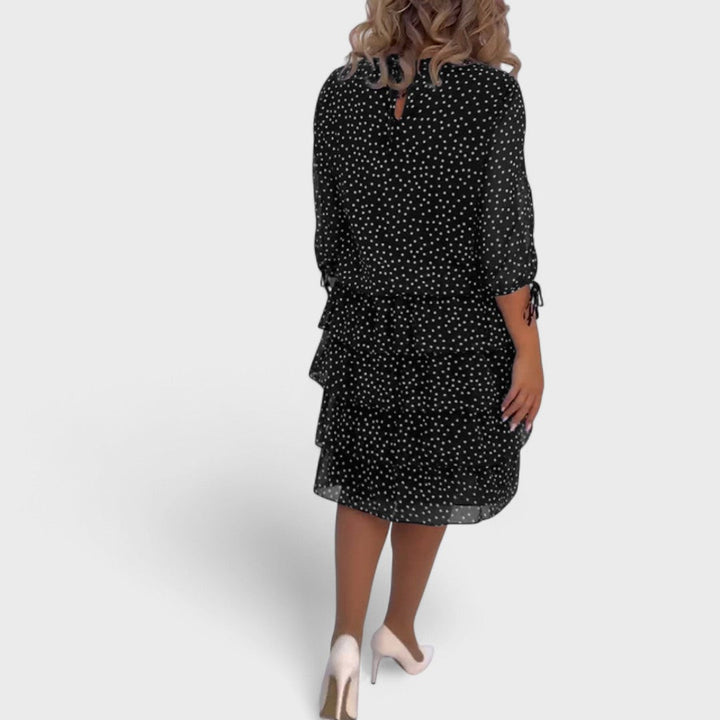Elegante vestido de fiesta para mujer, estampado de lunares y diseño con manga 3/4. Estilo clásico.