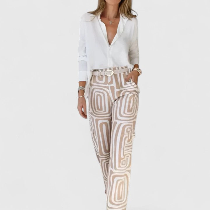 Conjunto cómodo dos piezas mujer, estilo elegante con cinturón. Estampado geométrico para un look moderno y chic.