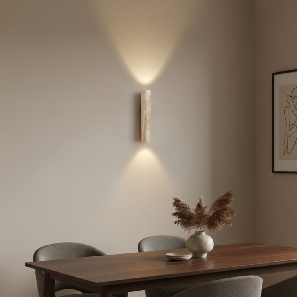 Decoración del hogar con aplique de travertino, ofrece luz indirecta arriba y abajo para un estilo Japandi.