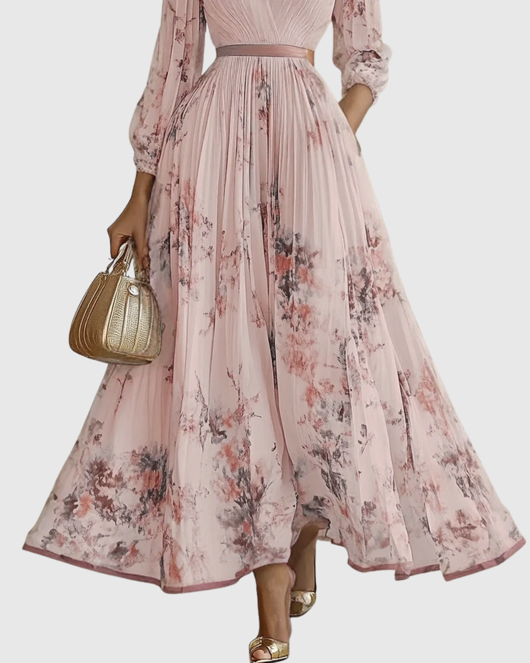 Modelo posando con vestido maxi plisado elegante, estilo sofisticado para mujer en eventos de noche.