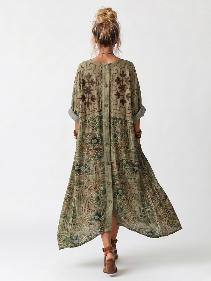 Vestido midi oversize de entretiempo para mujer, fresco y holgado, con botones y bolsillos para un look casual.