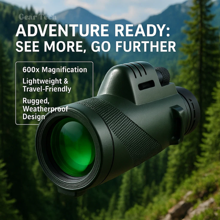 Monocular compacto, resistente y portátil con zoom HD 600x, ideal para aventura y fotografía.