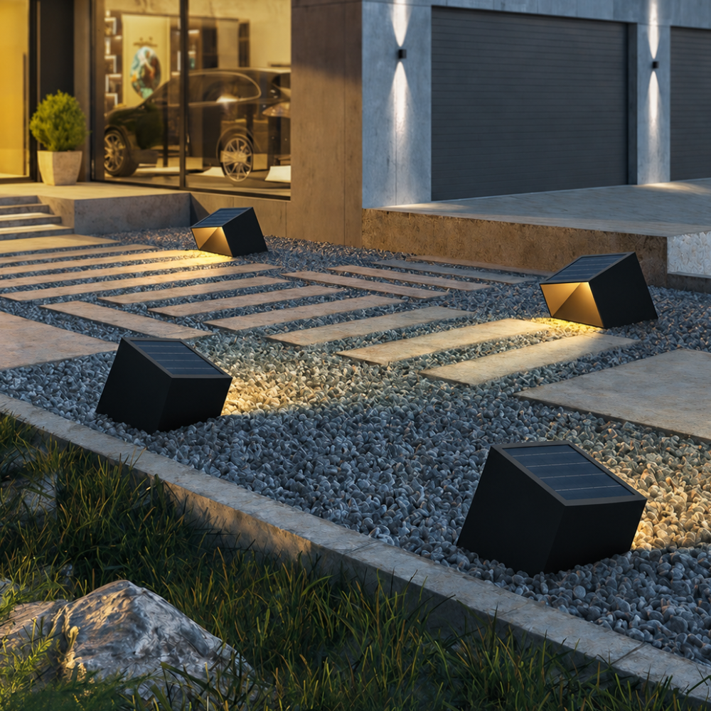 Lámpara solar moderna para jardín, camino LED con control remoto y resistencia a la intemperie.