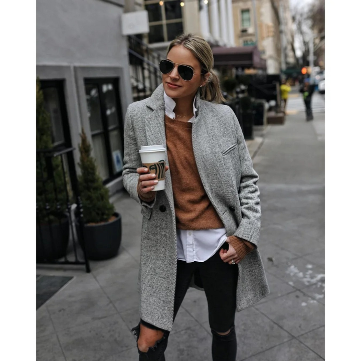 Trench coat de espiga para mujer con solapa, abrigo clásico y sofisticado para invierno.