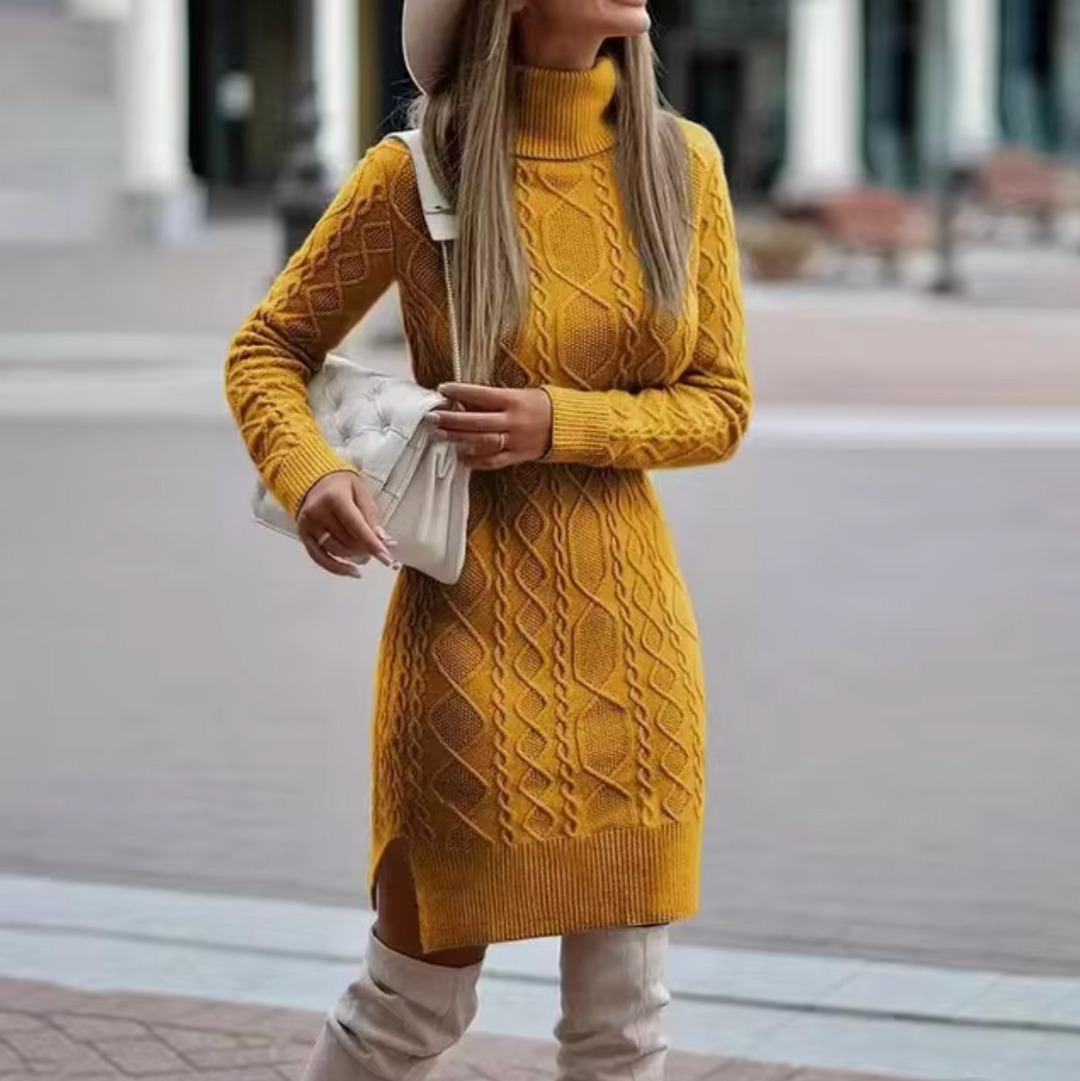 Vestido de cuello alto elegante para mujer, prenda versátil para moda de invierno u otoño. Estilo chic y moderno.