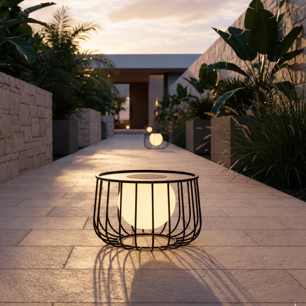 Iluminación solar regulable para jardín IP65. Lámpara LED impermeable para patio.