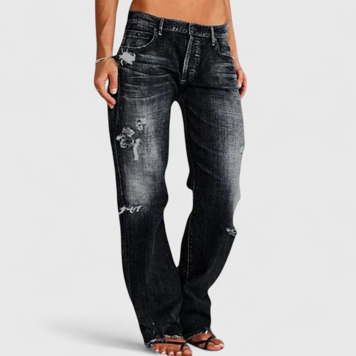 Denim elástico de mujer, talle bajo y pierna ancha. Vaqueros de moda, cómodos y versátiles para cualquier estilo.