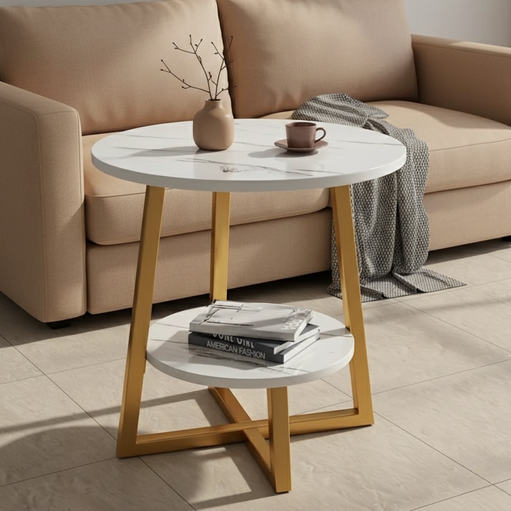 Mesa lateral moderna compacta, diseño minimalista de doble nivel, ideal para sala o exterior. Mueble versátil.