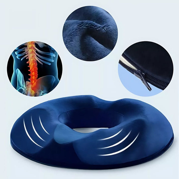 Cojín ortopédico para dolor de coxis y hemorroides. Diseño ergonómico tipo dona para máximo confort al sentarse.
