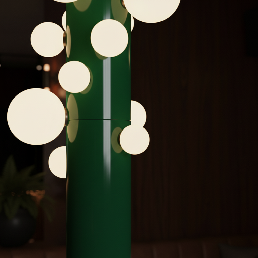 Moderna lámpara de pie con base verde y pantalla blanca. Aporta luz ambiental y estilo a tu hogar.