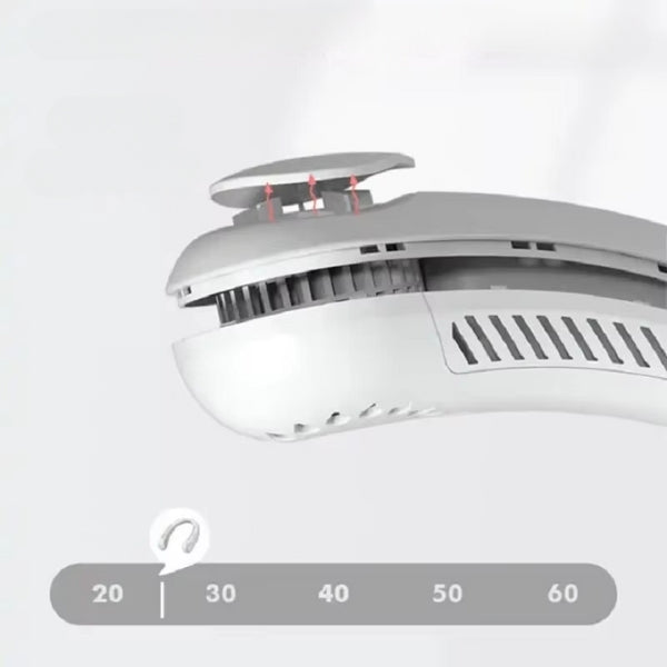 Ventilador de cuello manos libres, diseño ergonómico para frescor constante. Recargable, portátil y silencioso.