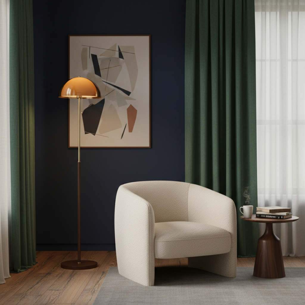 Elegante lámpara de pie moderna con cúpula ámbar que aporta un toque retro a tu decoración.