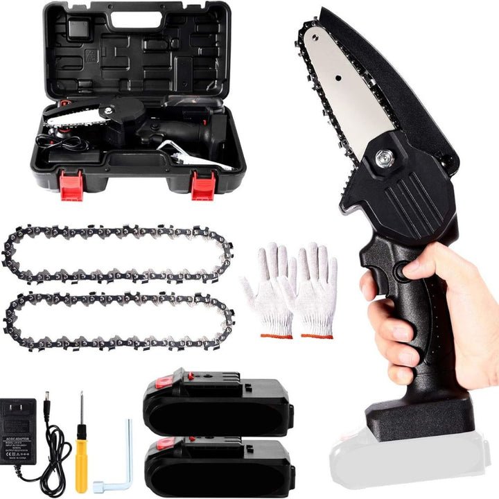 Mini motosierra eléctrica portátil 24V para jardinería, ideal para poda y corte de ramas.