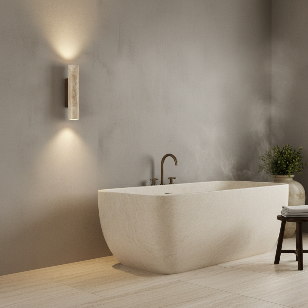Iluminación moderna de pared con aplique de travertino, proyecta luz ambiental arriba y abajo.