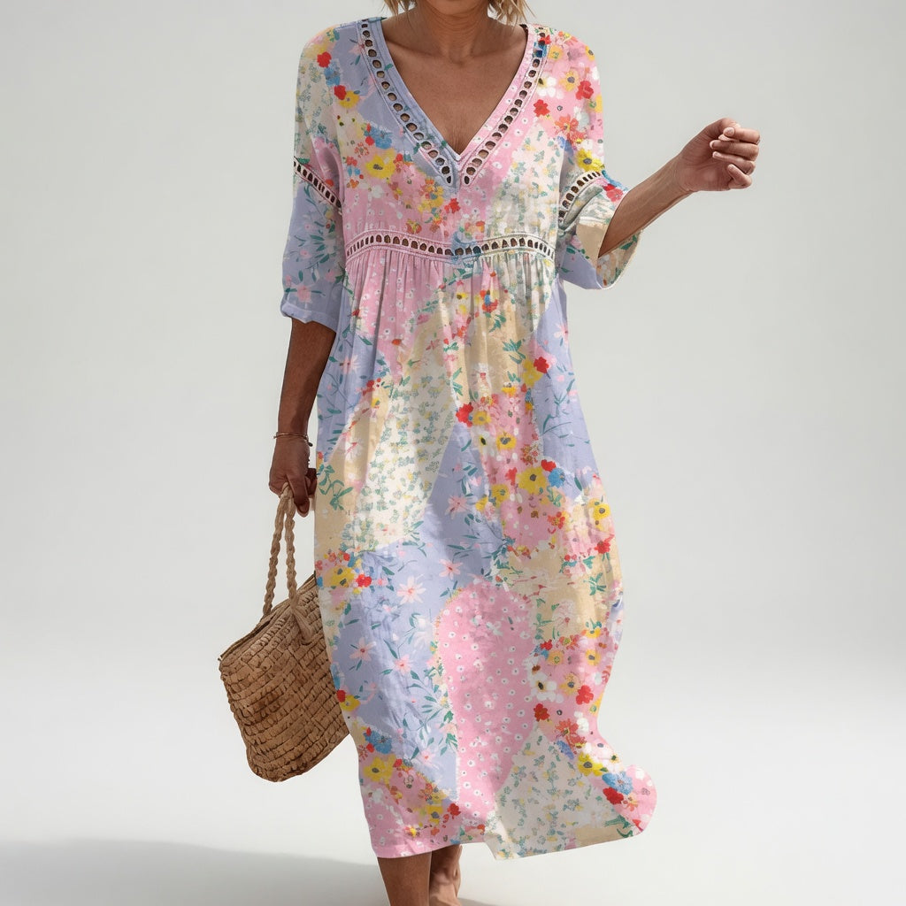 Vestido floral fluido de mujer, perfecto para verano. Diseño cómodo, ligero y con escote V.