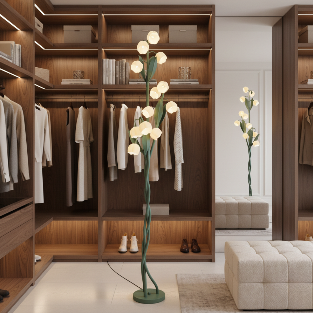 Lámpara de pie con diseño floral para dormitorio, ofrece iluminación LED y carga USB. Elegancia y función.