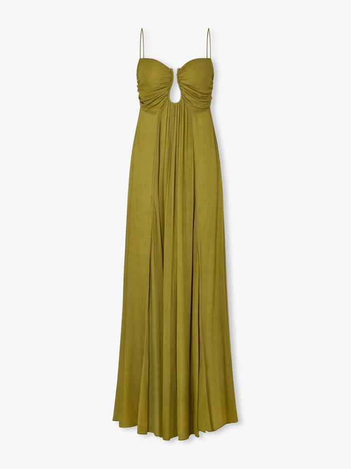Vestido largo elegante de mujer con tirantes finos, cut-out y estilo veraniego. Ideal para eventos de fiesta.