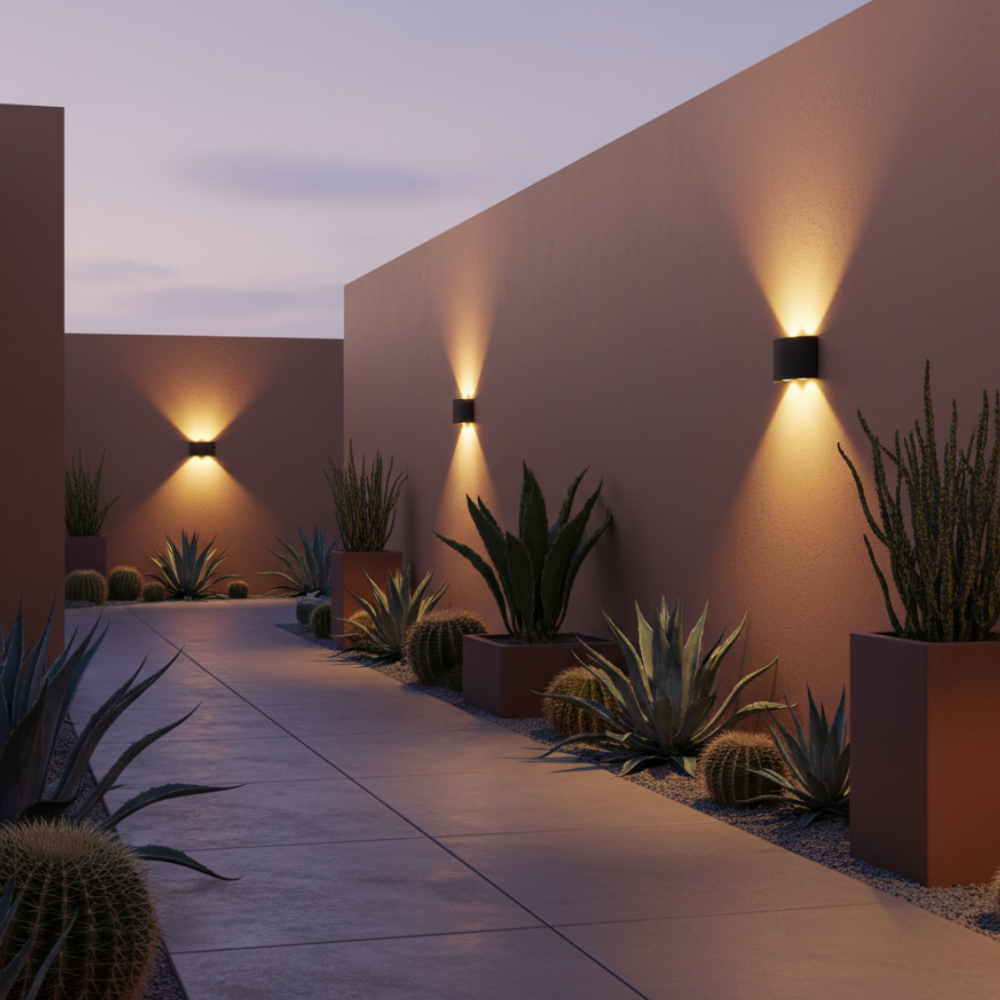 Aplique de pared LED moderno, luz eficiente para exteriores y decoración en arco de patio.