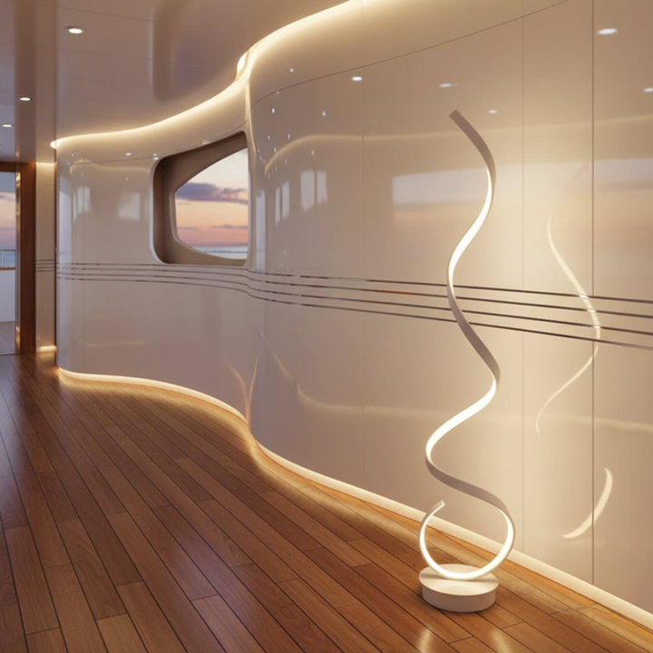 Moderna lámpara de pie LED en espiral, ideal para crear un ambiente lumínico regulable.