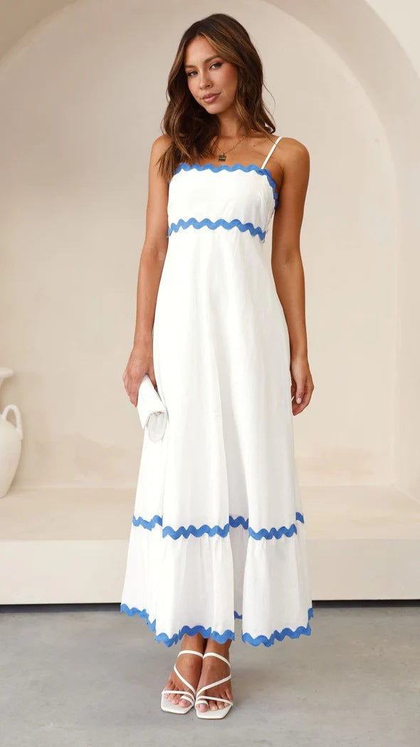 Vestido largo de tirantes para mujer, con diseño de ondas. Ideal para playa y verano casual.