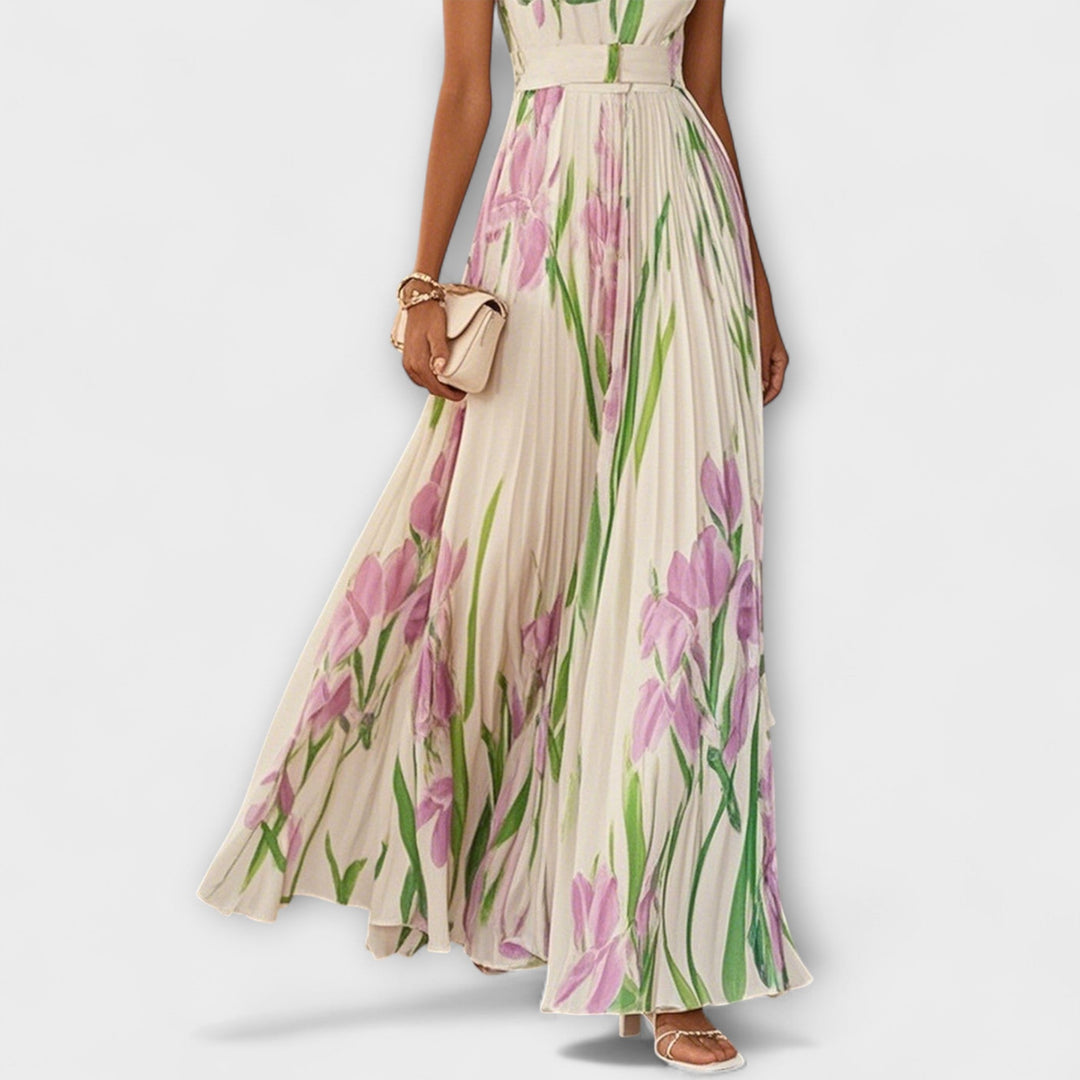 Hermoso vestido maxi floral sin mangas para mujer, sensación romántica y fresca, perfecto para días de verano.