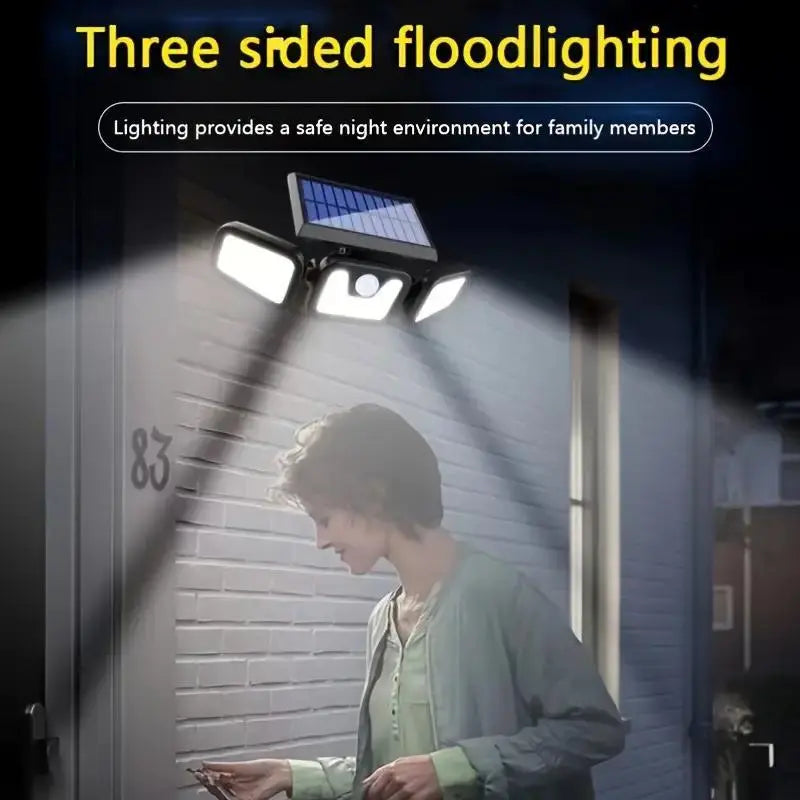 Foco LED solar para patio, proporciona luz de seguridad nocturna con sensor de movimiento.
