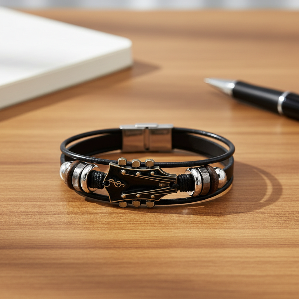 Pulsera de cuero unisex con diseño de guitarra, accesorio de moda ajustable.