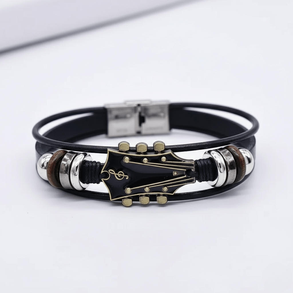Pulsera de cuero unisex con colgante de púa de guitarra, accesorio distintivo y moderno.