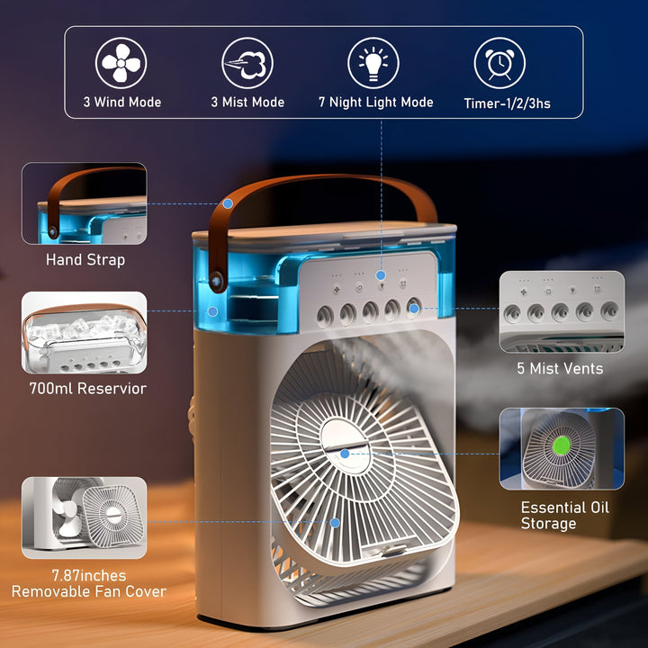 Compacto enfriador de aire portátil con función de humidificador y purificador, ideal para verano.