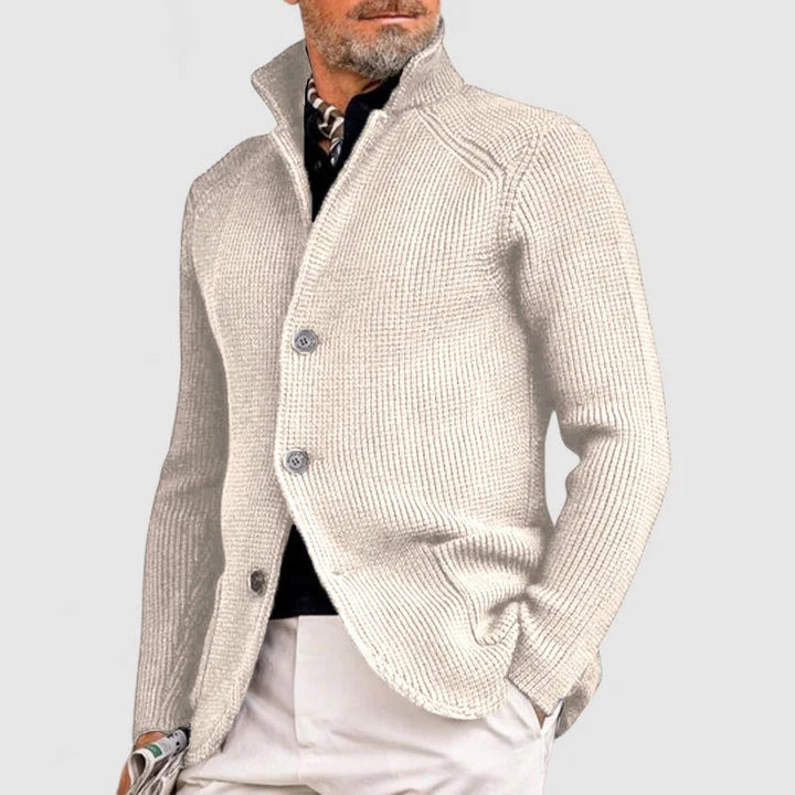 Chaqueta de punto de otoño-invierno para hombre, elegante y cálida. Abrigo con ajuste moderno y cuello alto.