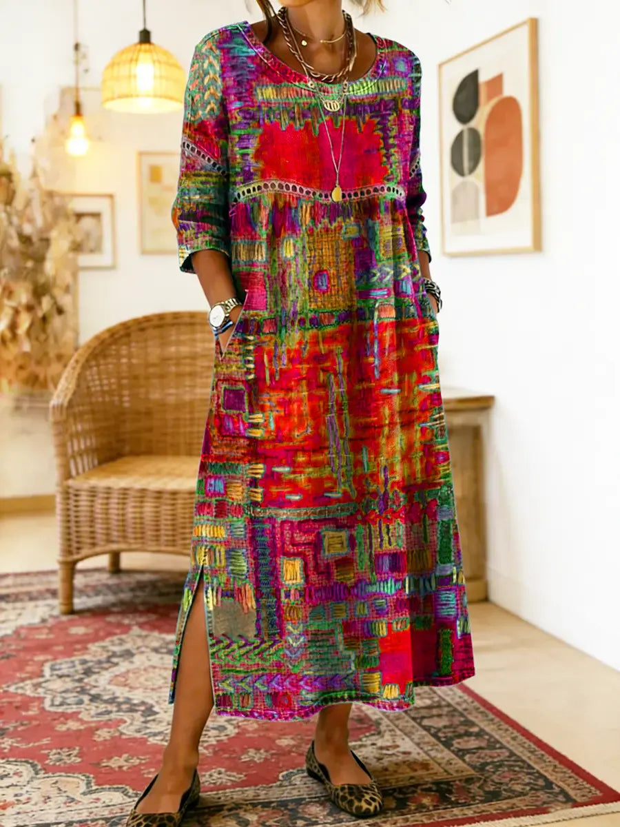 Elegante vestido denim casual con detalles de patchwork étnico, para mujer.