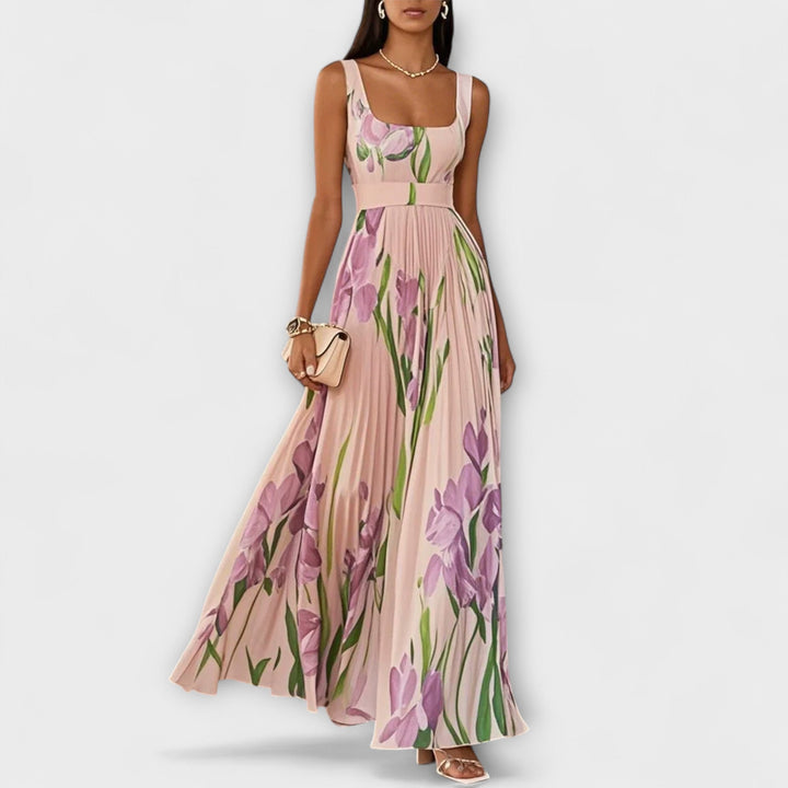 Elegante vestido maxi floral sin mangas para mujer, perfecto para verano, look romántico o casual.