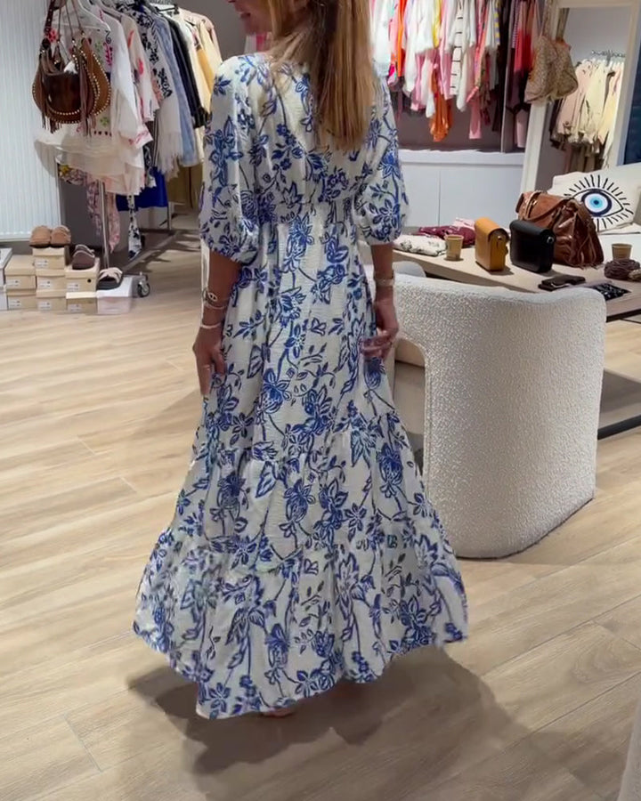 Vestido floral elegante y fluido para mujer, apto para fiesta o casual. Vestido largo maxi con escote V.