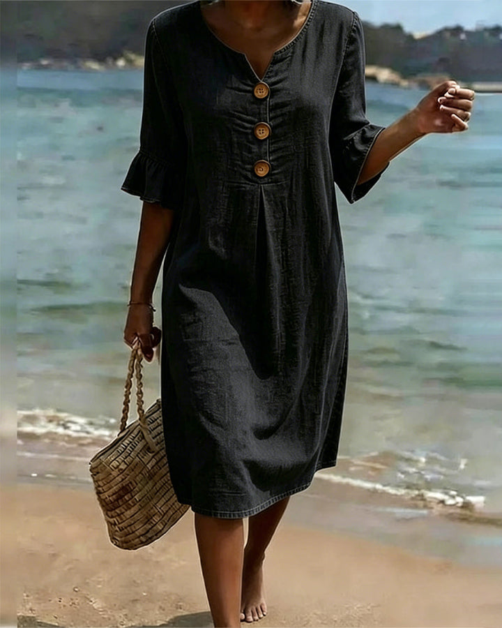 Moda femenina: Vestido ligero de corte fluido para verano con bonitas mangas acampanadas. Ropa chic.