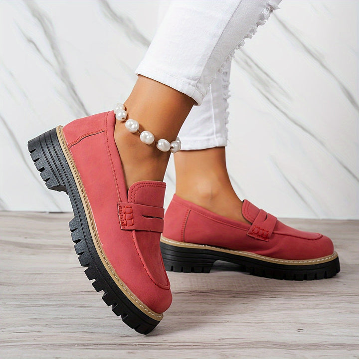 Mocasines mujer de piel sintética lisa, diseño retro, suela gruesa cómoda.