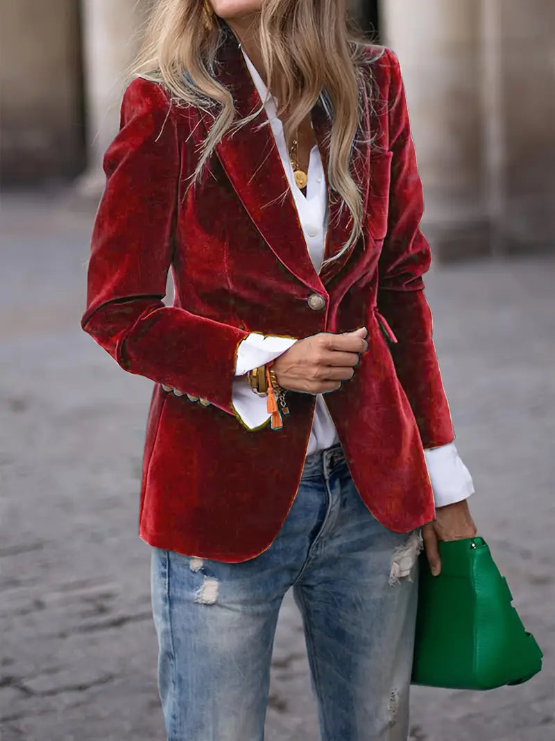Vista frontal del blazer DEVIKA. Prenda impecable que realza el estilo y la elegancia femenina en cualquier ocasión.