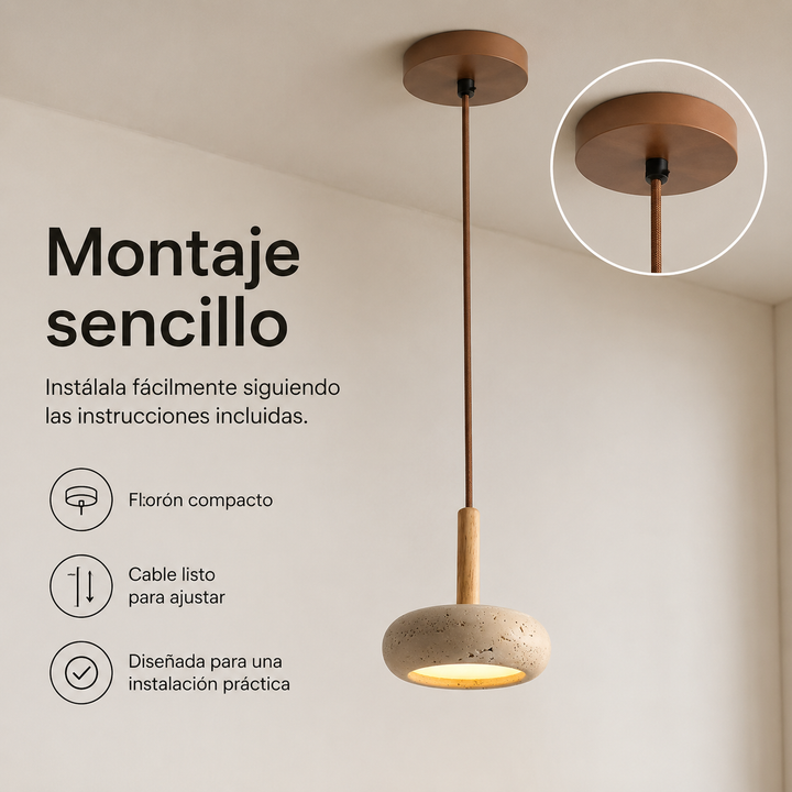 Lámpara LED colgante retro japonesa, fabricada en piedra y madera, Ø 15cm, ideal para decoración de hogar.