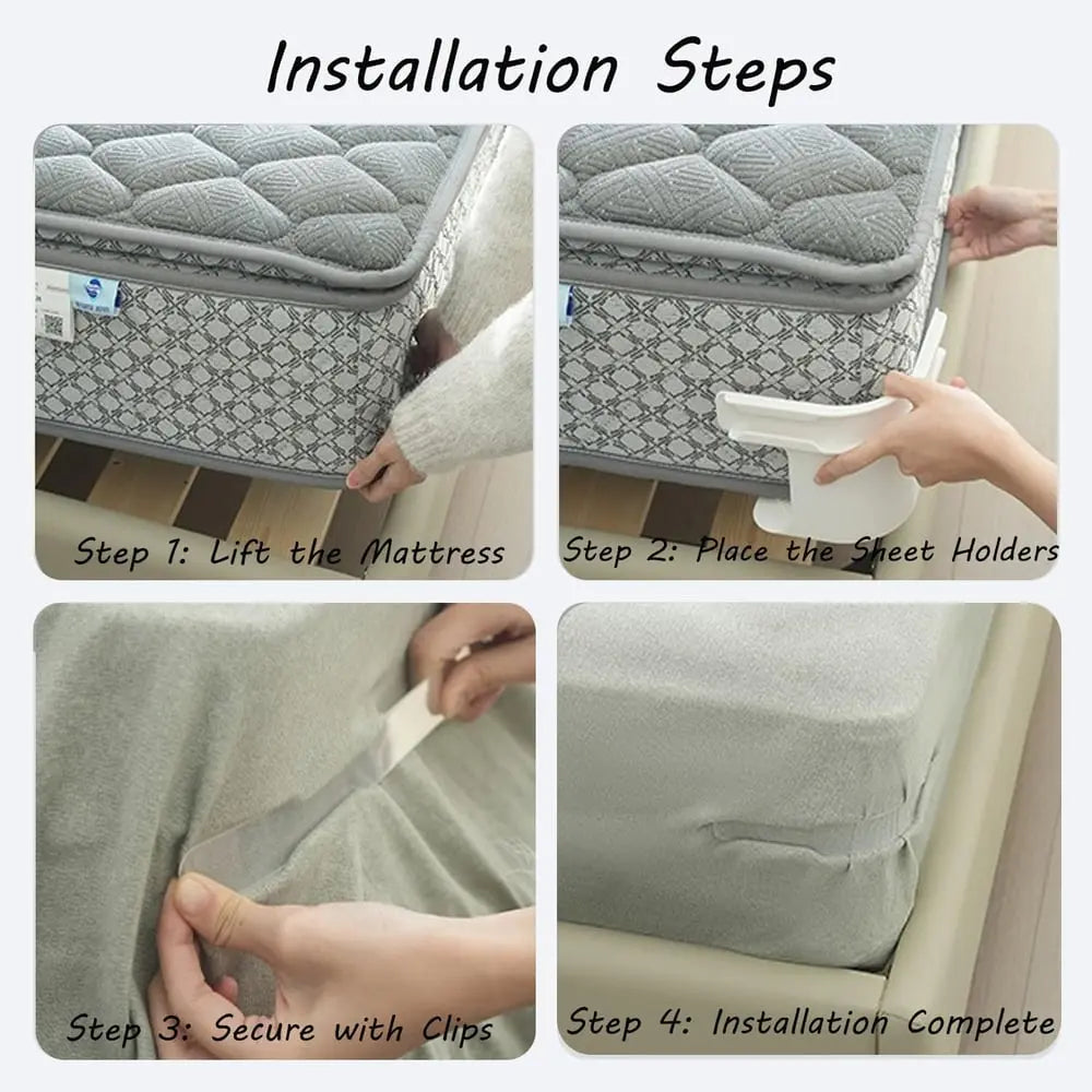 Vista detallada de un sujetador de sábanas con clip elástico, accesorio esencial para una sujeción firme de la ropa de cama.