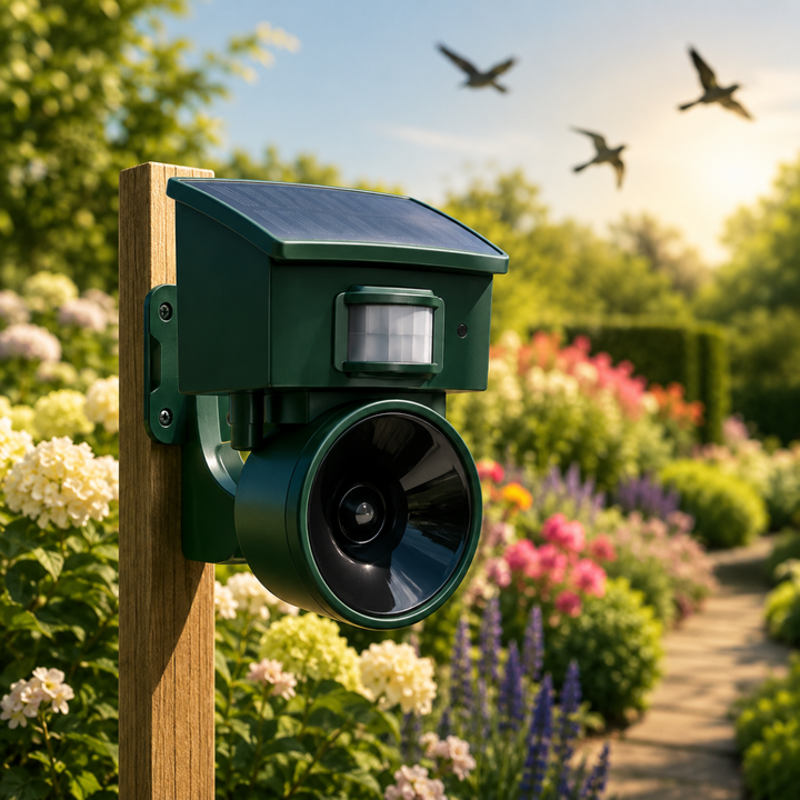 Ahuyentador de aves solar con sensor de movimiento para jardín y exterior, disuasor ecológico de pájaros.