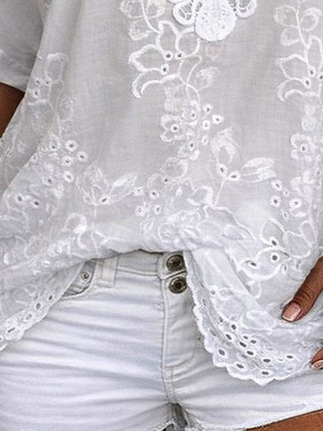 Blusa de verano casual y elegante para mujer, con encaje bordado en el escote V. Manga corta y ligera.
