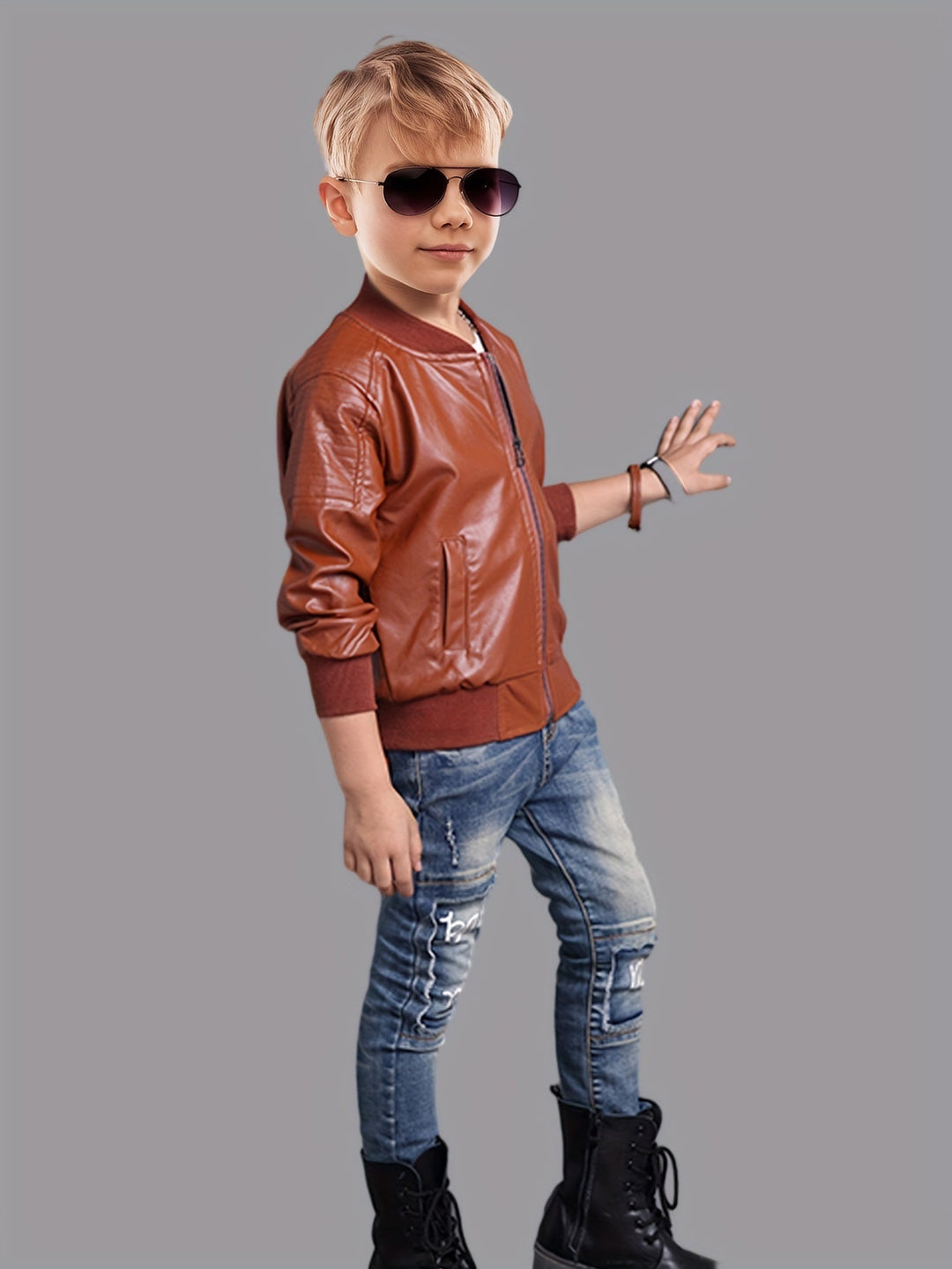 Niño usando chaqueta con cuello alto y cremallera. Abrigo infantil cómodo para cualquier actividad.