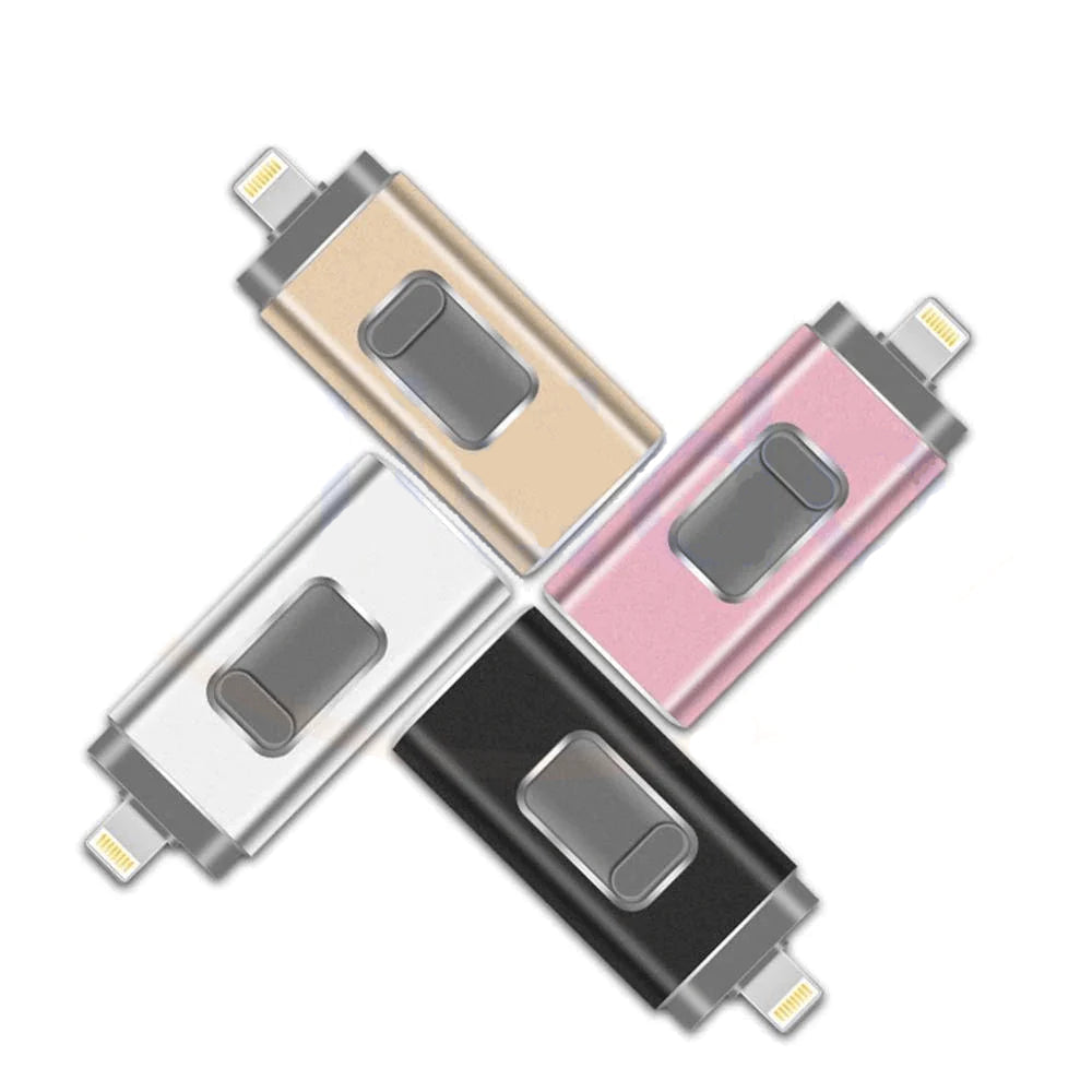 Unidad Flash 4 en 1 universal con conectores USB-C, Lightning, Micro USB y USB, para móviles.