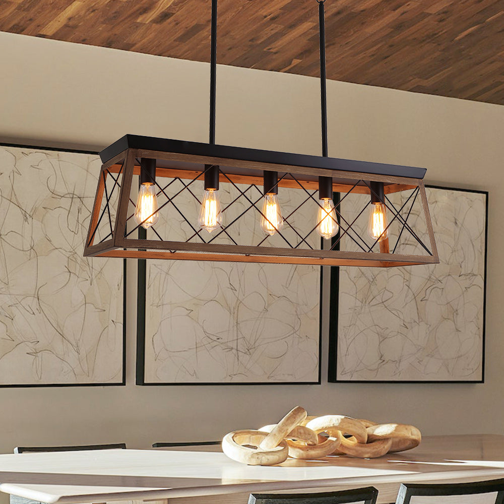 Lámpara de araña lineal rectangular de 5 luces para isla de cocina. Metal negro, estilo moderno-rústico.